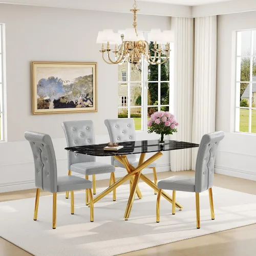 Vista 50 de Juego de mesa de comedor moderna para mesa de comedor negra de 4,63 pulgadas, juego de 4 con patas de metal dorado, mesa de cocina rectangular