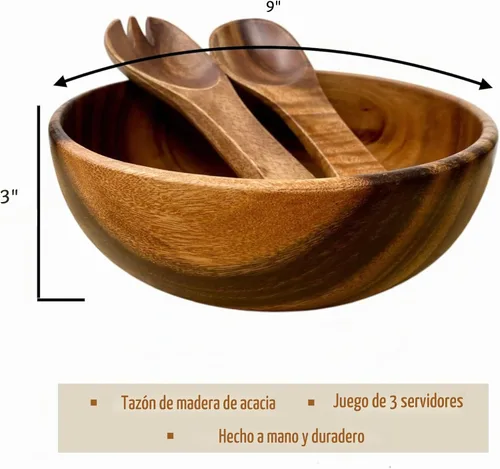 Vista 5 de Juego de ensaladera de madera de acacia – 9” Cuenco redondo artesanal con 2 servidores de madera, vajilla rústica y duradera para ensaladas, frutas