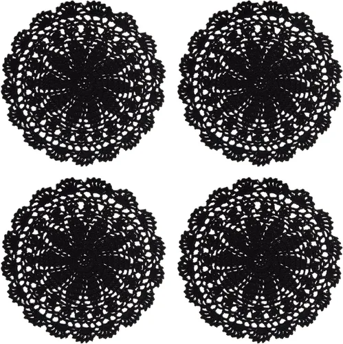 Vista 10 de PHANTOMON Manteles individuales redondos de punto de encaje de algodón hechos a mano, diseño de estrellas, borde ondulado, paquete de 4