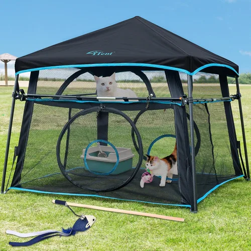 Vista 9 de Catio extragrande para gatos al aire libre, tienda de campaña plegable de 2 niveles con 3 puertas para patio, balcón, interior y campamento