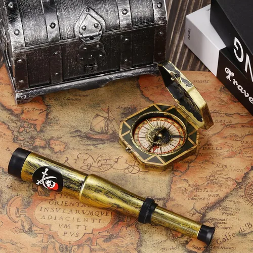 Vista 5 de Gejoy Juego de 2 piezas de accesorios piratas para niños, mini telescopio y brújula de juguete para fiesta, Halloween, cosplay, antiguo, retro