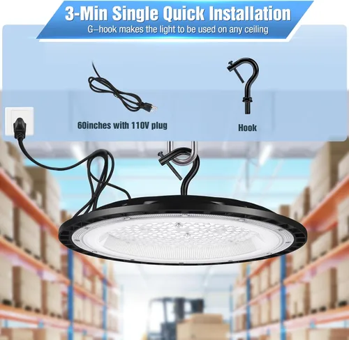 Vista 3 de YANYCN Paquete de 12 unidades de 100 W UFO Led Luz de bahía alta, 5000 K Luz diurna para tienda comercial, 120 V, 15000 lm