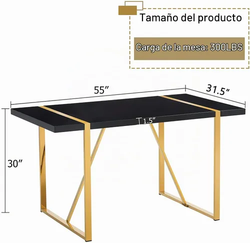 Vista 2 de Mesa de comedor Ebullient para 4, mesa de comedor rectangular negra de MDF, tapa de mesa de cena de mármol falso, mesa de comedor moderna con marco