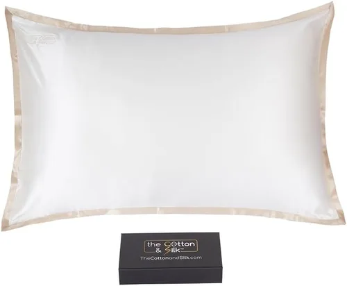 Vista 33 de Funda de almohada de seda de morera 22 Momme (cierre envolvente en la parte posterior), colección elegante, tamaño Queen, caramelo + crema