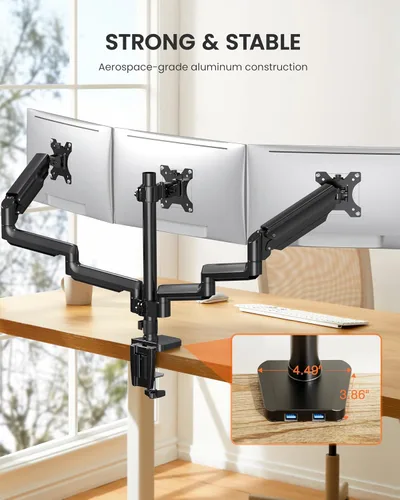 Vista 4 de ErGear Soporte de monitor triple para pantallas de 13 a 27 pulgadas, brazos de monitor triple con USB, soporte de tres monitores resistente