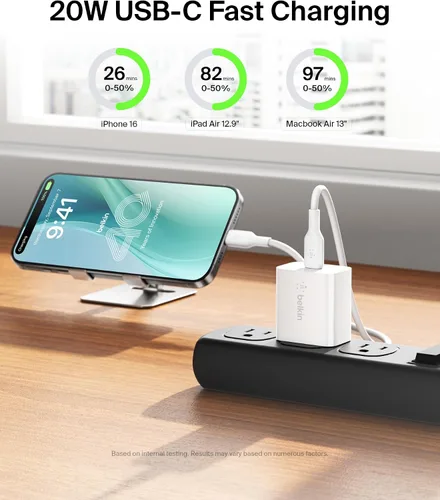 Vista 2 de Belkin Bloque de carga USB C de 20 W, carga rápida, Apple iPhone 17, Air, Pro, Pro Max, iPad, AirPods, Apple Watch, Samsung Galaxy S25, Nintendo