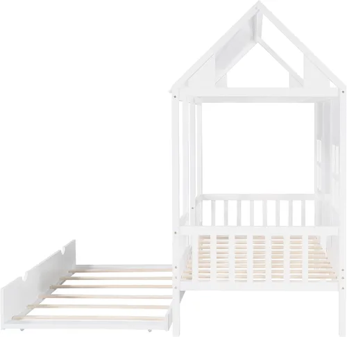 Vista 5 de Harper & Bright Designs Cama de casa de tamaño individual con cama nido de tamaño individual, sofá cama de madera, cama de plataforma con techo
