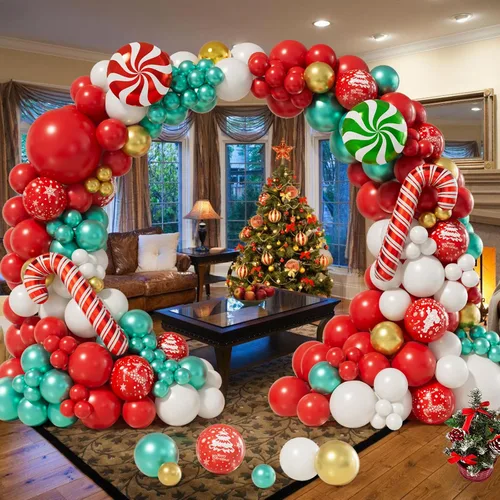 Vista 5 de AobkDeco Kit de arco de guirnalda de globos de Navidad, 153 unidades, globos de papel de aluminio de caramelo, globos de bastón de caramelo, globos