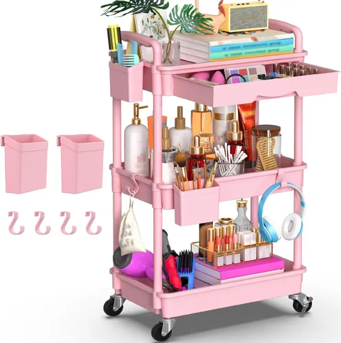 Vista 9 de Goovilla Organizador de carrito utilitario de 3 niveles con cajón extraíble, carritos de almacenamiento rodantes negros estables y resistentes con 2