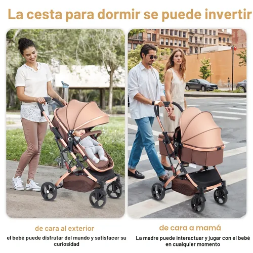 Vista 2 de Cochecito de bebé 2 en 1 para recién nacido plegable con toldo ajustable plegable de alto paisaje, cochecito infantil antigolpes para niños pequeños