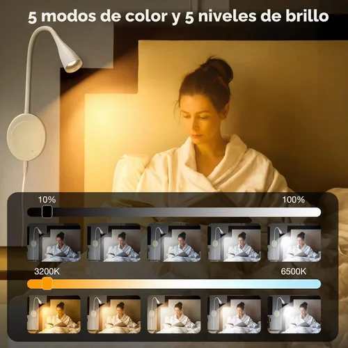 Vista 9 de SANKEDOU Luz de lectura LED para montaje en pared, luces de lectura de cabecera con control táctil, 5 regulables, salida USB, luz nocturna