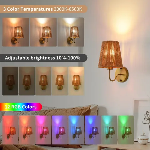 Vista 3 de Juego de 2 apliques de pared bohemios que funcionan con pilas, con pantalla de ratán dorado, luces de pared inalámbricas con bombillas recargables