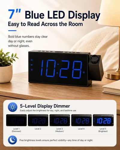 Vista 4 de OnLyee Reloj despertador de proyección para dormitorio, LED digital en techo y pared con carga USB para teléfono, respaldo de batería, proyector