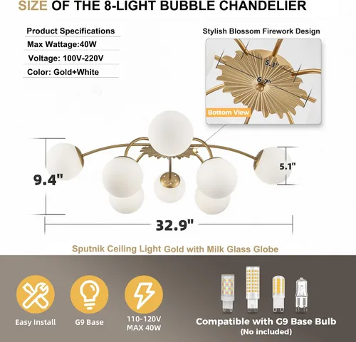 Vista 2 de Lámpara de araña Sputnik con 8 luces de globo dorado con burbujas de vidrio de leche Milk Glass Bubble Ball, Semi Flush Ceiling Lights, Blossom
