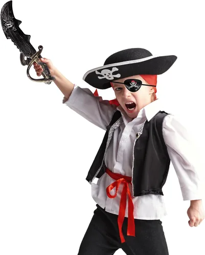 Vista 3 de Pirate Costume for Kids, Halloween Party Pirate Costume Set 7 Pcs, Carnival Dress Up Costume, Pirate Captain Crew Cosplay, Kids Role Play Game, Boys