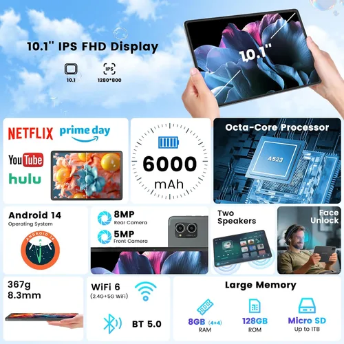 Vista 2 de Azeyou 2025 Tablet Android 14 Actualizada, Tablet de 10.1 Pulgadas Procesadores Octa-Core con 8GB RAM 128GB ROM, Pantalla Táctil IPS, Wi-Fi 6, BT