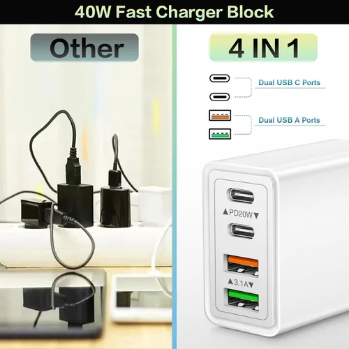 Vista 4 de Bloque de cargador USB C, cargador de pared USB C de 40 W, 4 puertos, paquete de 2 bloques de carga rápida, adaptador de corriente PD de doble