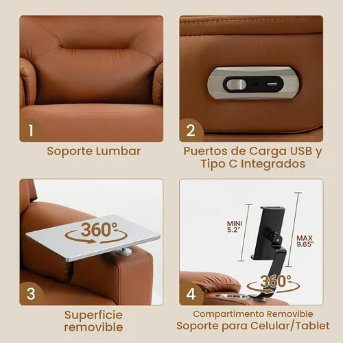 Vista 5 de Sillón reclinable giratorio eléctrico con reposacabezas y lumbar ajustables Marrón