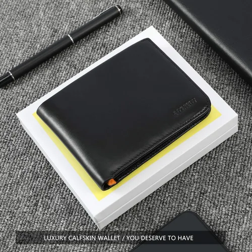 Vista 7 de Billeteras delgadas de piel de becerro para hombres con bloqueo RFID, bolsillo frontal de cuero, billetera minimalista plegable de fácil acceso