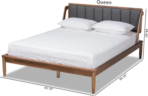 Vista 9 de Baxton Studio Helsa Mid-Century - Cama tapizada de tela gris oscuro y acabado de nogal, tamaño Queen