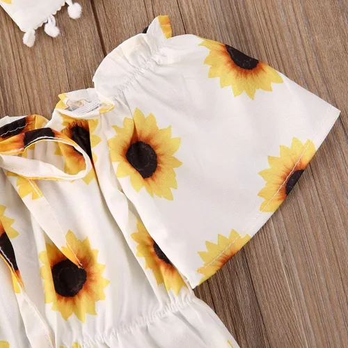 Vista 4 de Bebé Niña Ropa De Hombro Fuera De Girasol De La Piña De Impresión Mameluco Mono De Borla Diadema De Sunsuit Conjunto