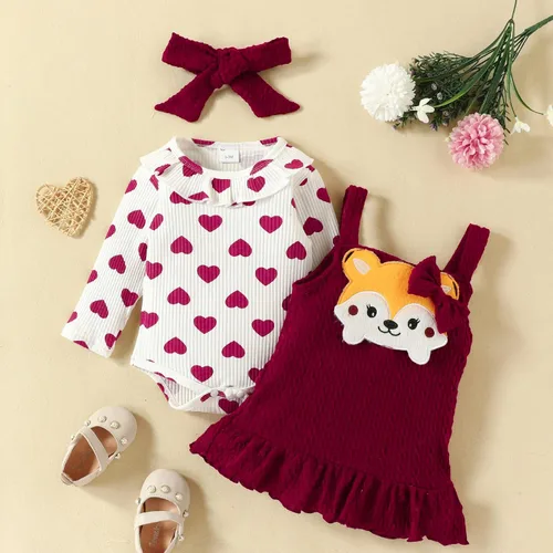 Vista 30 de My First Valentine's Day - Conjunto de ropa para bebé niña con volantes, manga larga, estampado de corazón, falda con tirantes