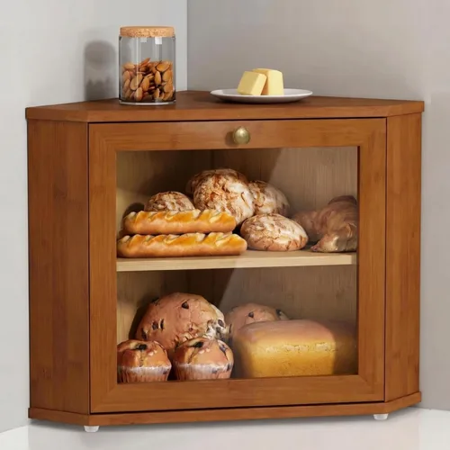 Vista 10 de Goozii Panera de Bambú de Esquina para Encimera de Cocina, Panera de Madera Redonda de 2 Niveles, Contenedor de Almacenamiento de Pan Estilo Granja