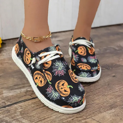 Vista 4 de Zapatos deportivos de lona con estampado de calabaza de Halloween para mujer, zapatos bajos de lona para decoración de Halloween, zapatos planos