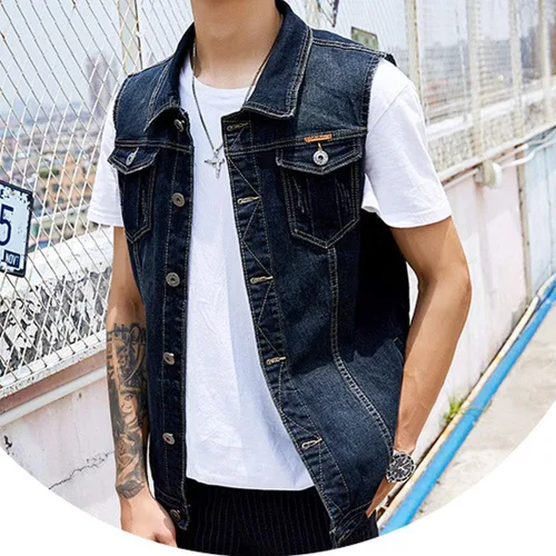 Vista 2 de Chaleco de mezclilla casual con botones para hombre, estilo vintage, sin mangas, con pantalones de mezclilla