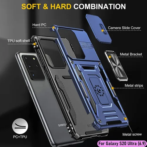 Vista 3 de Funda resistente para Samsung Galaxy S20 Ultra, protección híbrida de goma de doble capa de grado militar con protector de cámara deslizante