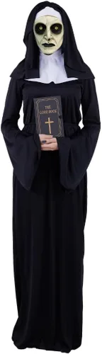 Vista 3 de Disfraz de monja para adultos, bata negra con velo, cuello y cinturón para Halloween