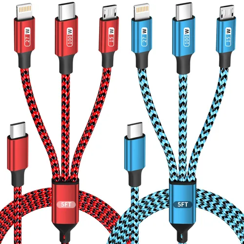 Vista 22 de Cable de carga múltiple, (paquete de 2 cables de 4 pies), cable de carga 3 en 1 para múltiples dispositivos, cable de carga universal de nailon Rosa