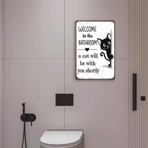 Vista 2 de Divertida decoración de baño – Welcome to the Bathroom A Cat Will Be With You Shortly – Cartel de metal de gato negro para baño, inodoro o tocador