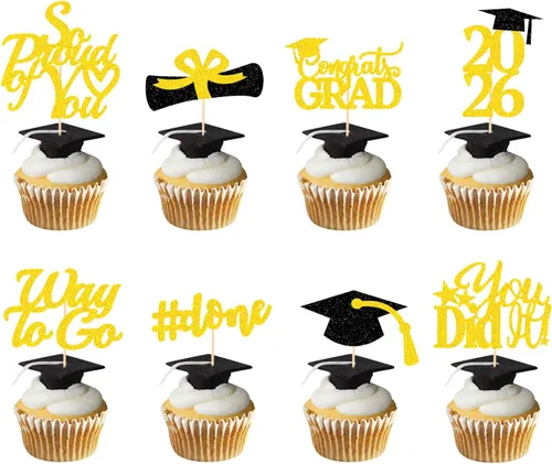 Vista 18 de Decoraciones de graduación 2026 azul, adornos para cupcakes de graduación 2026 azul y negro, suministros de decoración para cupcakes clase de 2026