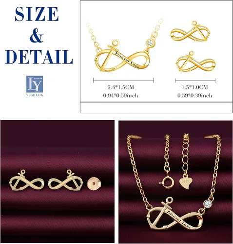 Vista 2 de Yumilok Sterling Silver Jewelry SetsInfinity Anchor Necklace Earrings for Women White Gold Plated Pendant Necklace Jewelry for Teen Girls Friends