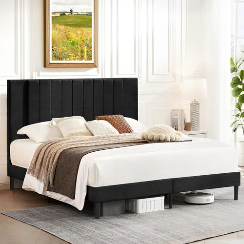 Vista 3 de Flolinda Base de cama de plataforma tamaño Queen con cabecera tapizada de terciopelo y soporte de listones de madera, base de colchón totalmente