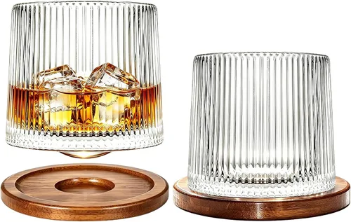 Vista 22 de Vaso de vidrio antiguo giratorio, 275ml/10oz Juego de vasos de whisky de cristal de 2 piezas, posavasos de madera, engrosamiento, utilizado como