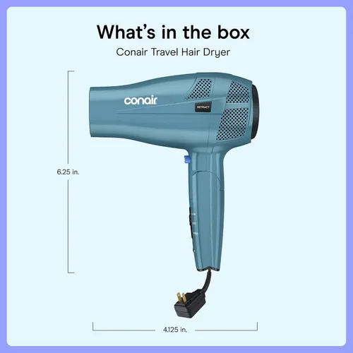 Vista 7 de Secador de pelo iónico Conair de 1875 W con mango plegable y guardacables, Azul Cable retráctil con mango plegable de doble voltaje de 1875 W