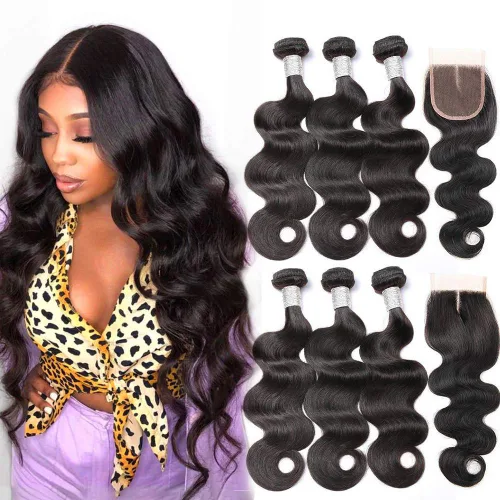 Vista 10 de Beauty Princess Cabello Humano Ondulado Corporal 3 Paquetes con Cierre Doble Trama 10A Paquetes de Cabello Brasileño con Cierre
