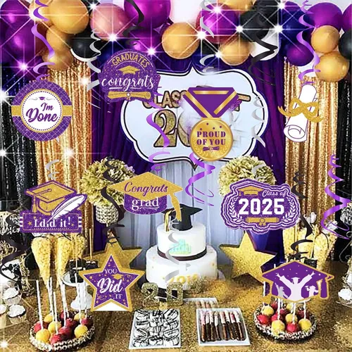 Vista 2 de Decoraciones de graduación de oro morado 2026/oro morado, decoraciones de fiesta de graduación NYU colgantes clase de 2026 púrpura para fiesta
