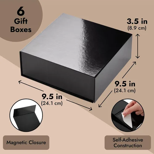 Vista 4 de Stockroom Plus Cajas de regalo con tapas, 9.5 x 9.5 x 3.5 pulgadas, paquete de 6 unidades, color negro brillante, cierre magnético y fundas
