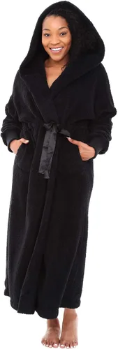 Vista 10 de Alexander Del Rossa - Bata de baño larga de cálido y suave vellón, con capucha, para mujer, para el invierno Negro