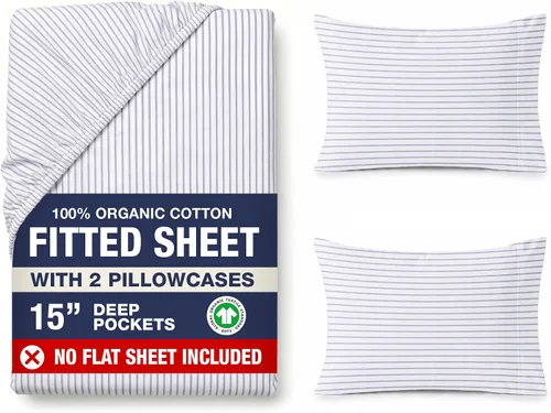 Vista 23 de LANE LINEN - Sábana bajera tamaño individual 100% algodón orgánico y 1 funda de almohada, tejido de percal suave, transpirable, apta para colchones
