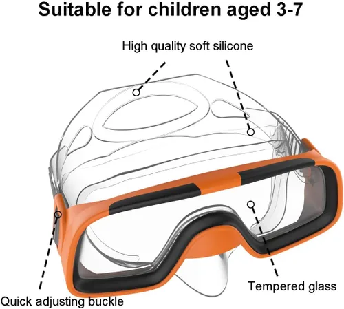 Vista 5 de Niños Niños Natación Buceo Snorkel Respiración Tubo Aletas Buceo Juego de lentes, Naranja