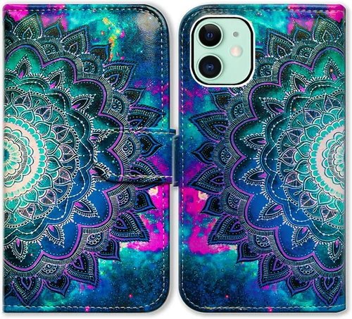 Vista 19 de Bcov - Funda para iPhone 13, funda tipo cartera de cuero verde con diseño de pájaro negro, funda con solapa y soporte con ranura para tarjetas