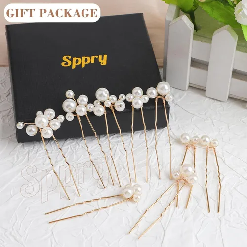 Vista 6 de Juego de 9 horquillas de boda con perlas en forma de U para mujeres nupciales (dorado) Diseño único, accesorios elegantes para el cabello