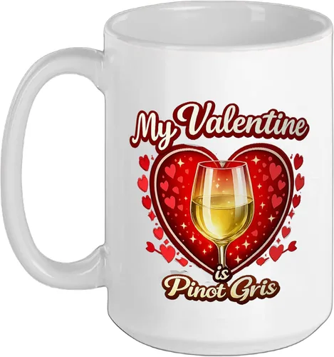 Vista 12 de Pinot Gris Wine Glass Valentine Hearts Love Funny Gift Ceramic Mug, Black/White, 11oz
