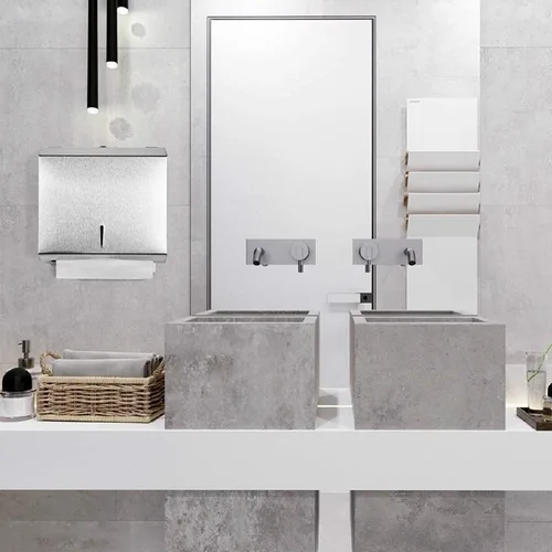 Vista 7 de Dispensador de toallas de papel comercial montado en la pared, dispensador de toallas de mano de baño de acero inoxidable cepillado con diseño