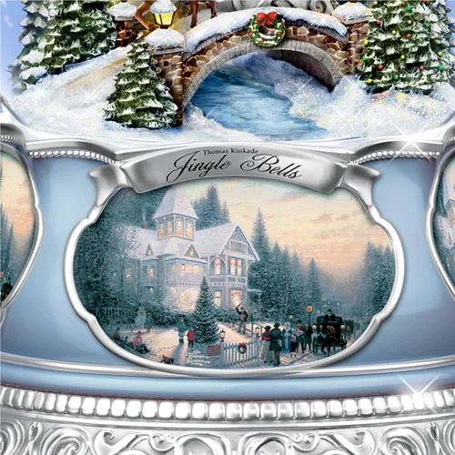 Vista 3 de Thomas Kinkade The Bradford Exchange Bola de nieve musical, con canción navideña Jingle Bells.