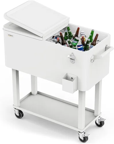 Vista 12 de VINGLI Baúl de hielo rodante de 80 cuartos de galón, carrito portátil para fiestas en el patio, bar, con estante, piscina de bebidas con abridor